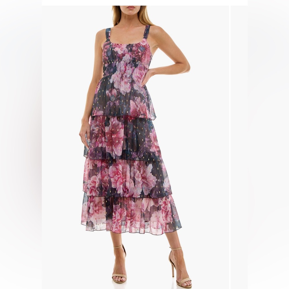 Socialite black and pink floral print tiered Dress